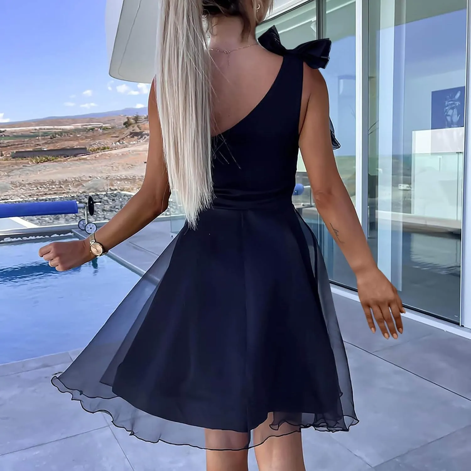 Women's 2025 Bohemian Summer Lace Mesh Solid One Shoulder Sleeveless Smocked Ruffle Tiered Beach Long Midi Dresses