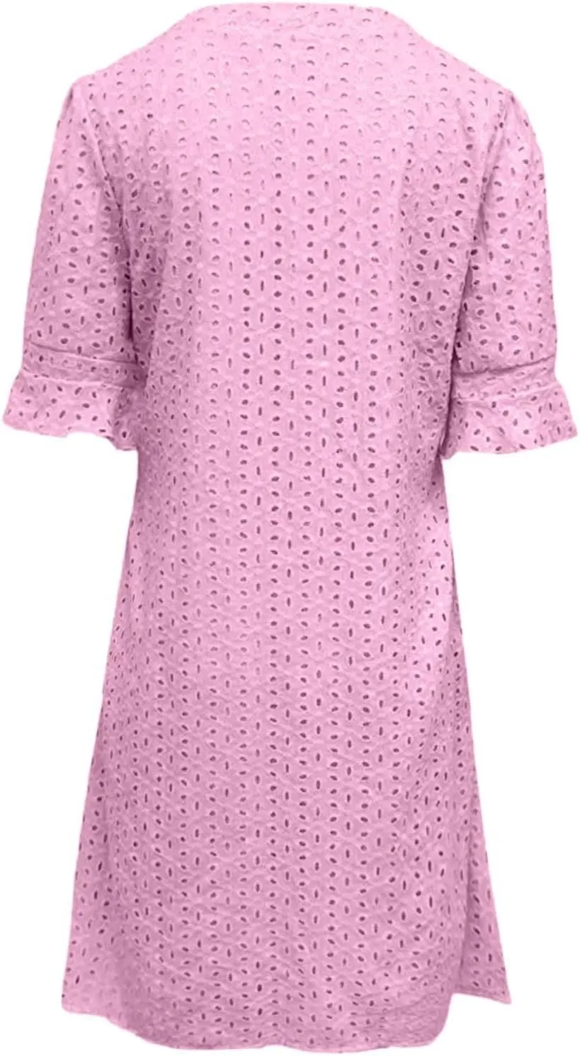 Women's 2025 Summer Dresses Ruffle Short Sleeve V Neck Hollow Out Eyelet Lace Dresses Casual Beach Vacation Mini Dress