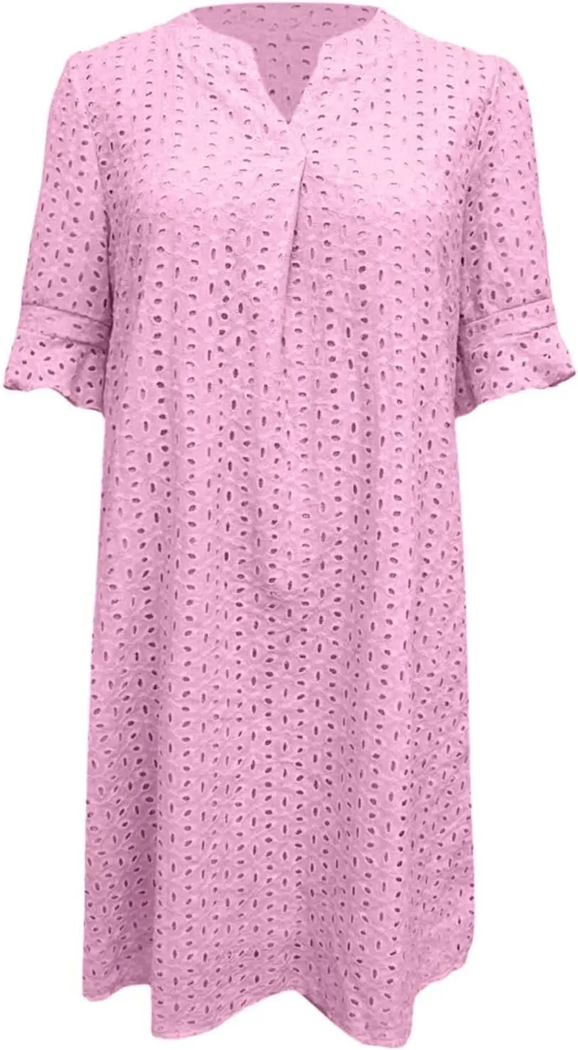 Women's 2025 Summer Dresses Ruffle Short Sleeve V Neck Hollow Out Eyelet Lace Dresses Casual Beach Vacation Mini Dress