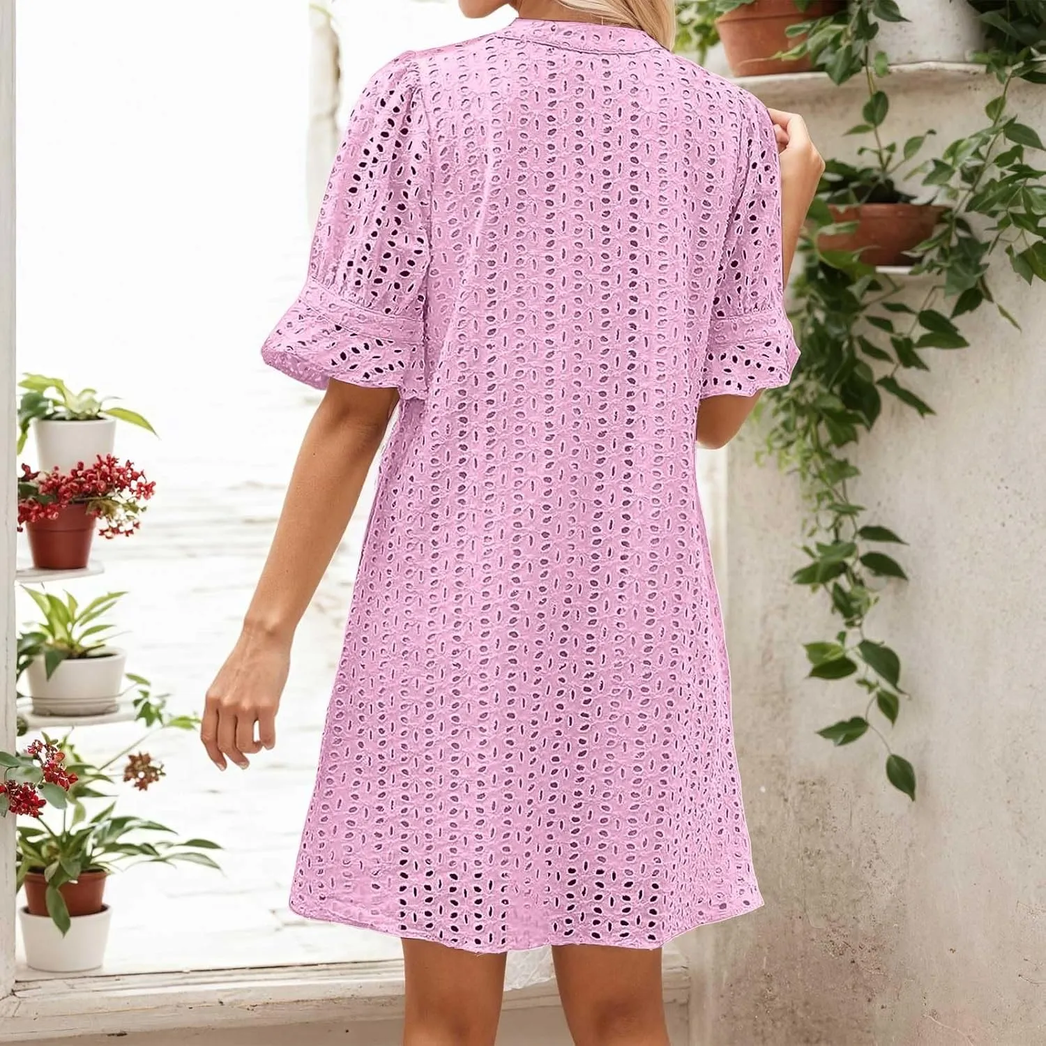 Women's 2025 Summer Dresses Ruffle Short Sleeve V Neck Hollow Out Eyelet Lace Dresses Casual Beach Vacation Mini Dress
