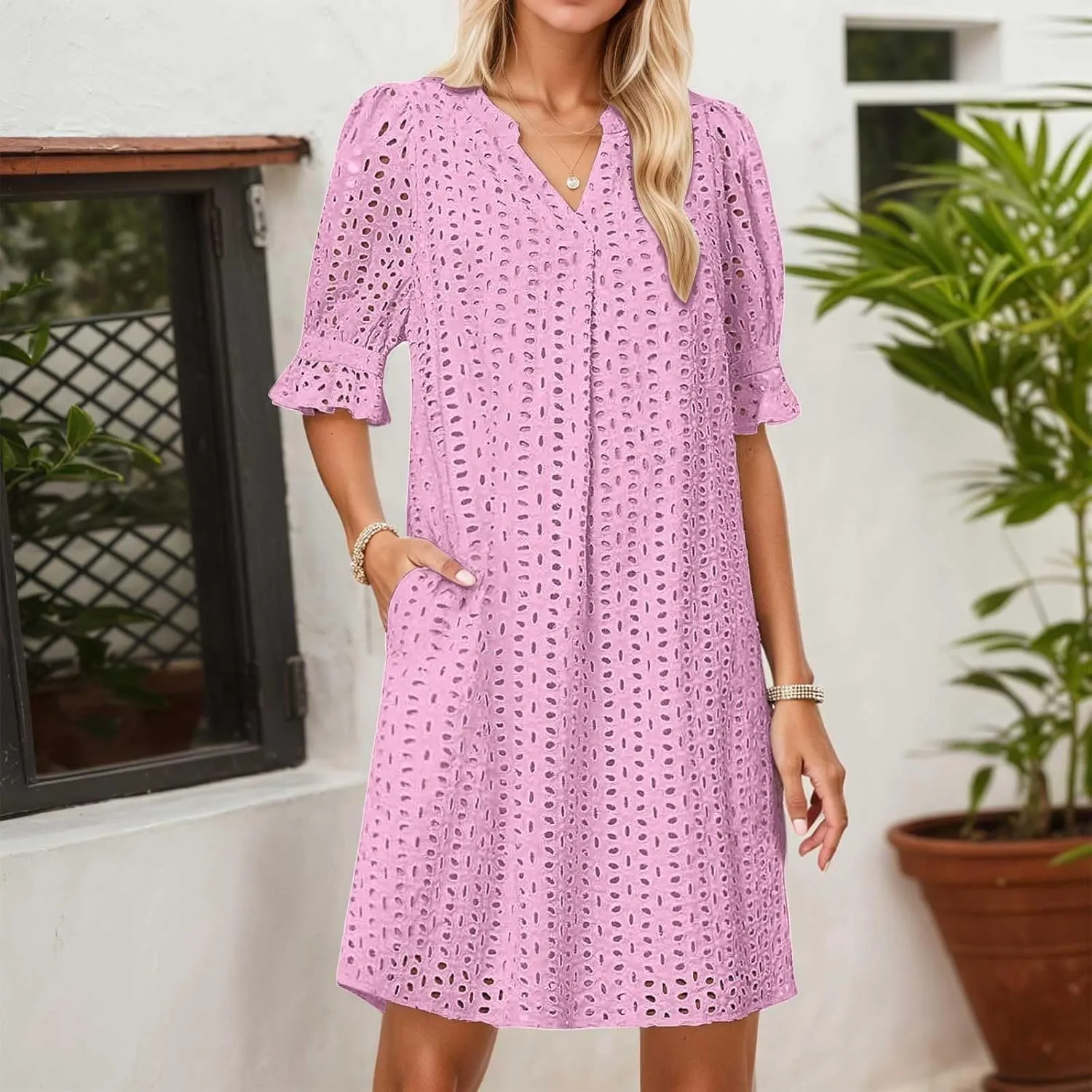 Women's 2025 Summer Dresses Ruffle Short Sleeve V Neck Hollow Out Eyelet Lace Dresses Casual Beach Vacation Mini Dress