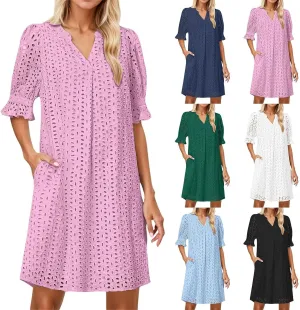 Women's 2025 Summer Dresses Ruffle Short Sleeve V Neck Hollow Out Eyelet Lace Dresses Casual Beach Vacation Mini Dress
