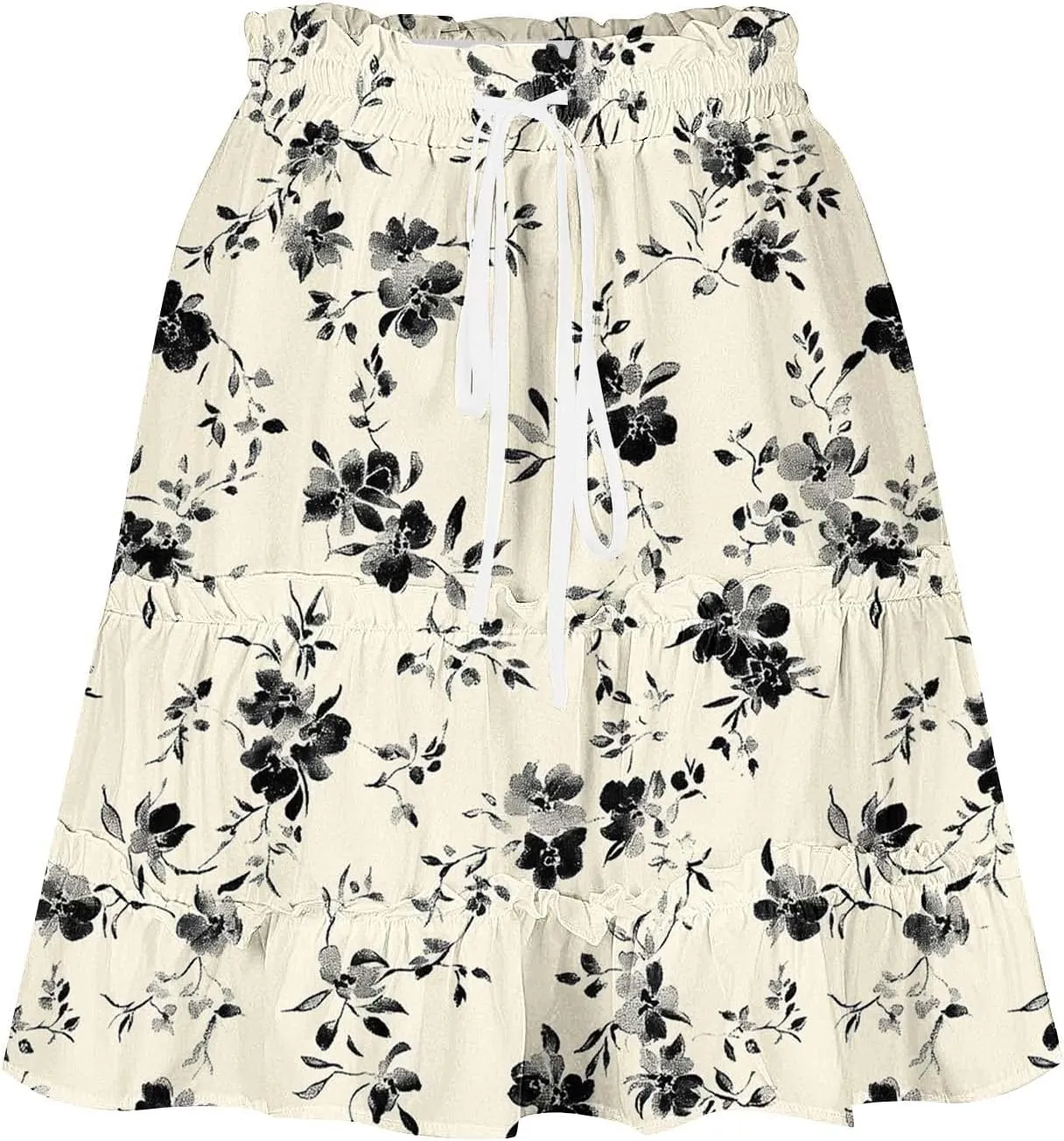 Womens Boho Floral Skirts Pleated Ruffle Tiered High Waisted Drawstring Summer Beach Vacation Mini Skirts