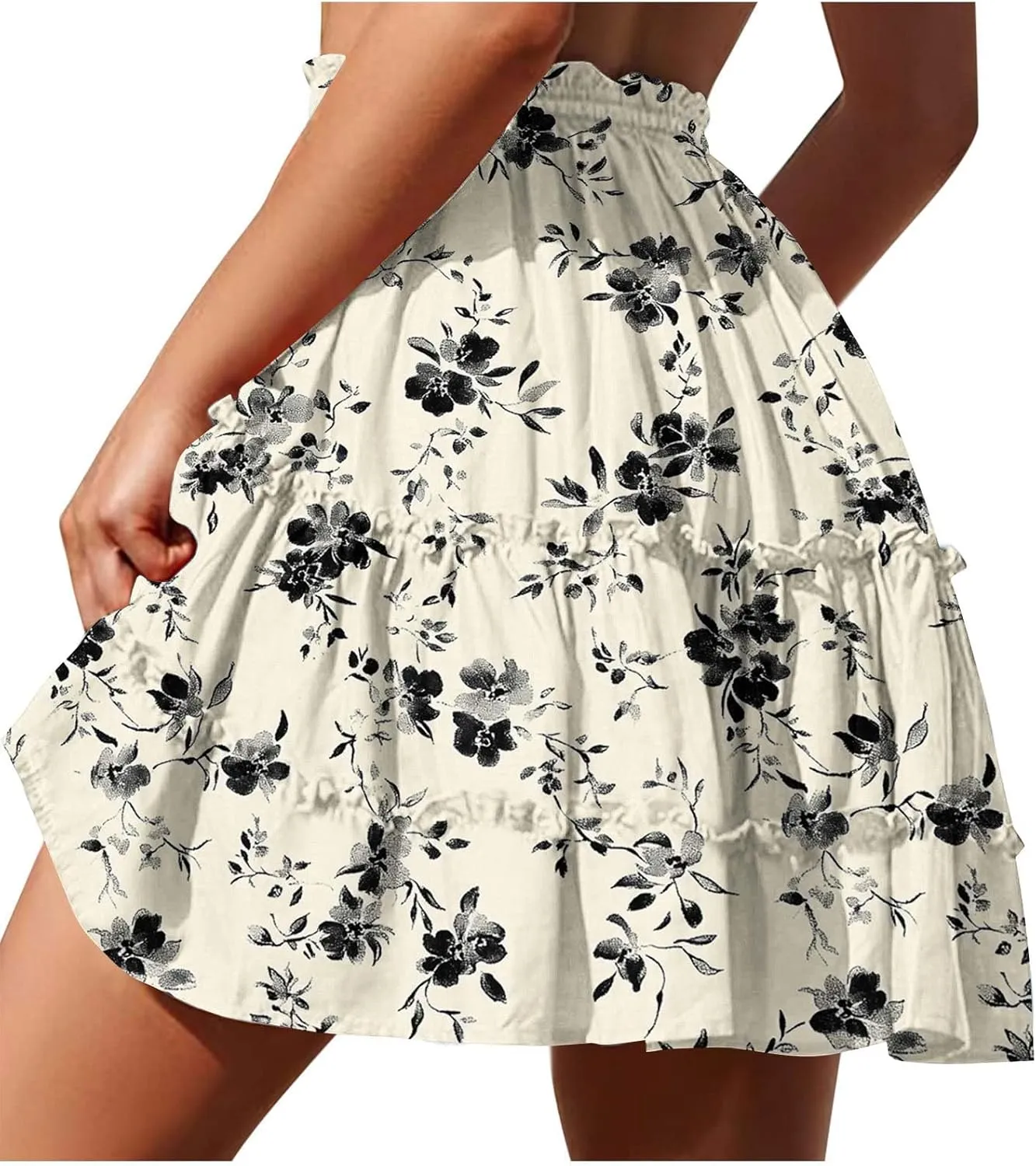 Womens Boho Floral Skirts Pleated Ruffle Tiered High Waisted Drawstring Summer Beach Vacation Mini Skirts
