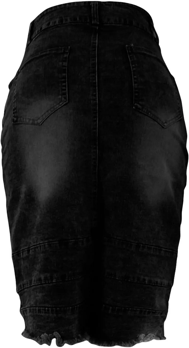 Women's Button Denim Skirts Wrap Bodycon Casual Skirt High Waisted Patchwork Stretch Cute Slit Jean Skirt