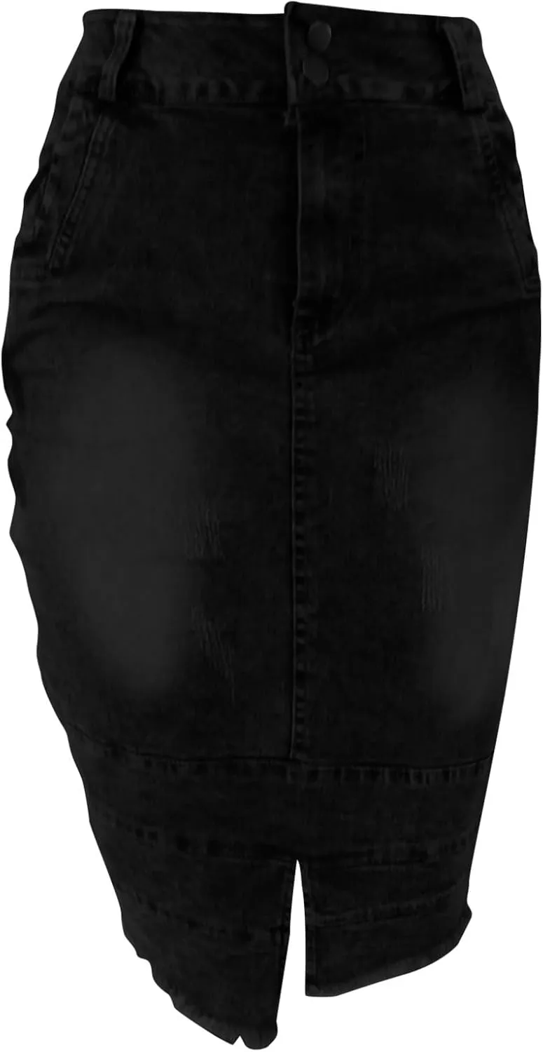 Women's Button Denim Skirts Wrap Bodycon Casual Skirt High Waisted Patchwork Stretch Cute Slit Jean Skirt