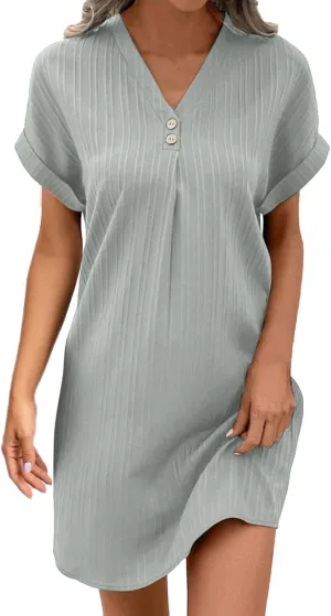 Womens Button Down Shirt Dress Summer Cotton Linen Dress V-Neck Mini Dress Casual Short Sleeve Loose Tunic Dresses