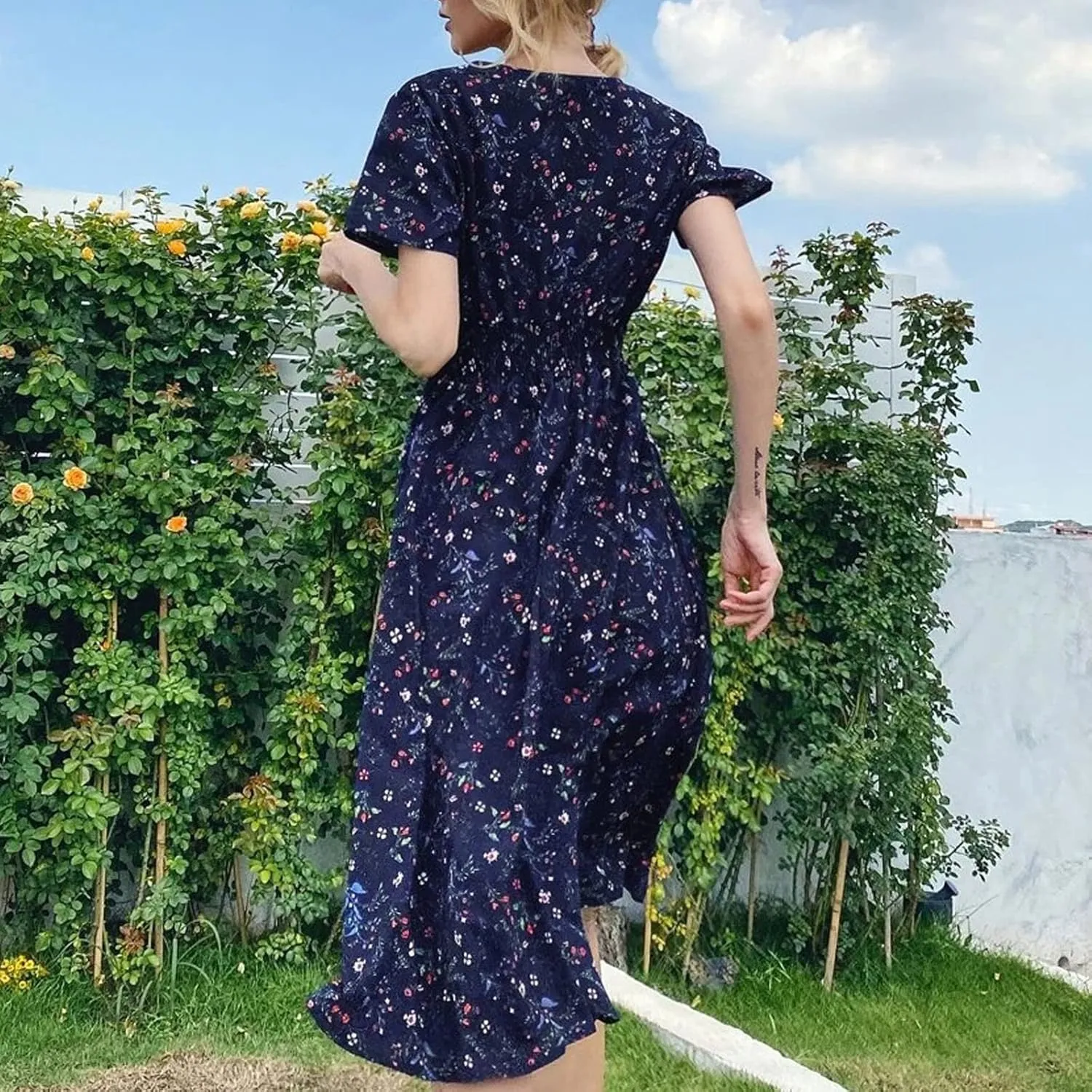 Women's Casual Dresses Fashion V-Neck Boho Printed Short Sleeve Elastic Waist A Line Mini Dress, S-XL
