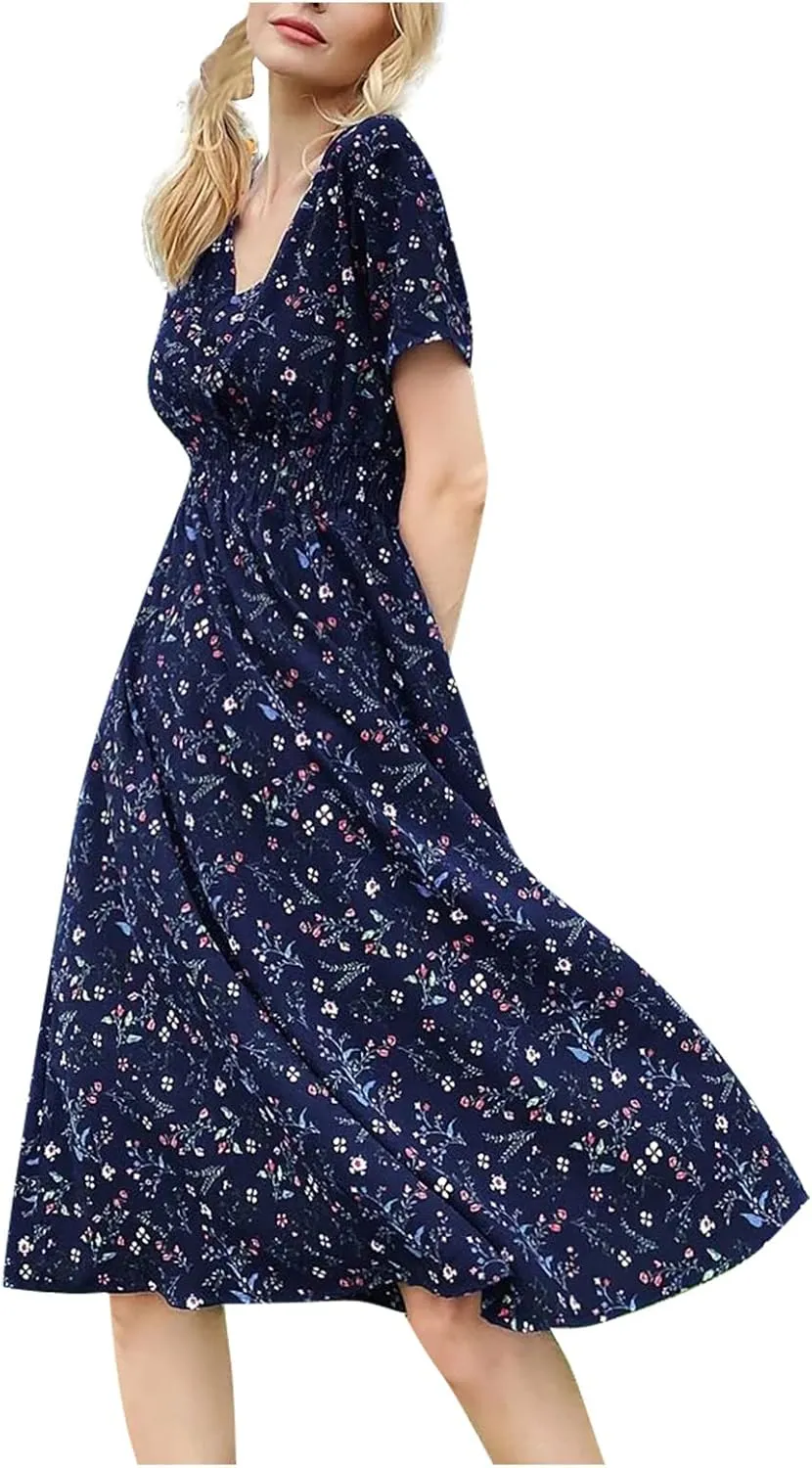 Women's Casual Dresses Fashion V-Neck Boho Printed Short Sleeve Elastic Waist A Line Mini Dress, S-XL