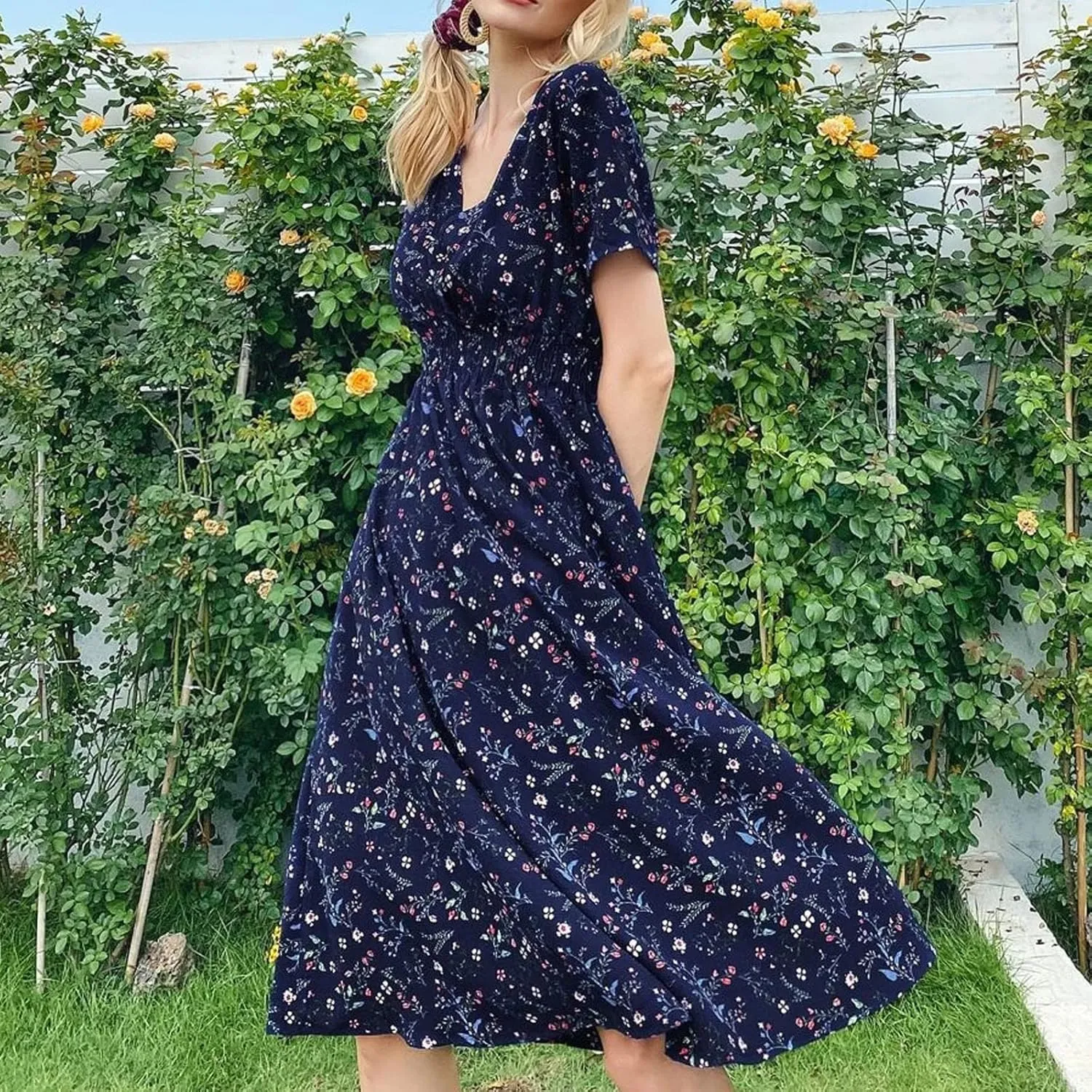 Women's Casual Dresses Fashion V-Neck Boho Printed Short Sleeve Elastic Waist A Line Mini Dress, S-XL