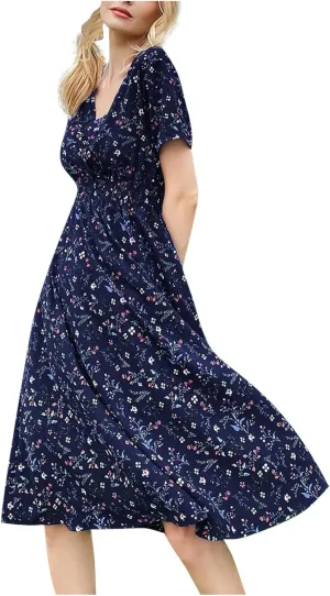 Women's Casual Dresses Fashion V-Neck Boho Printed Short Sleeve Elastic Waist A Line Mini Dress, S-XL