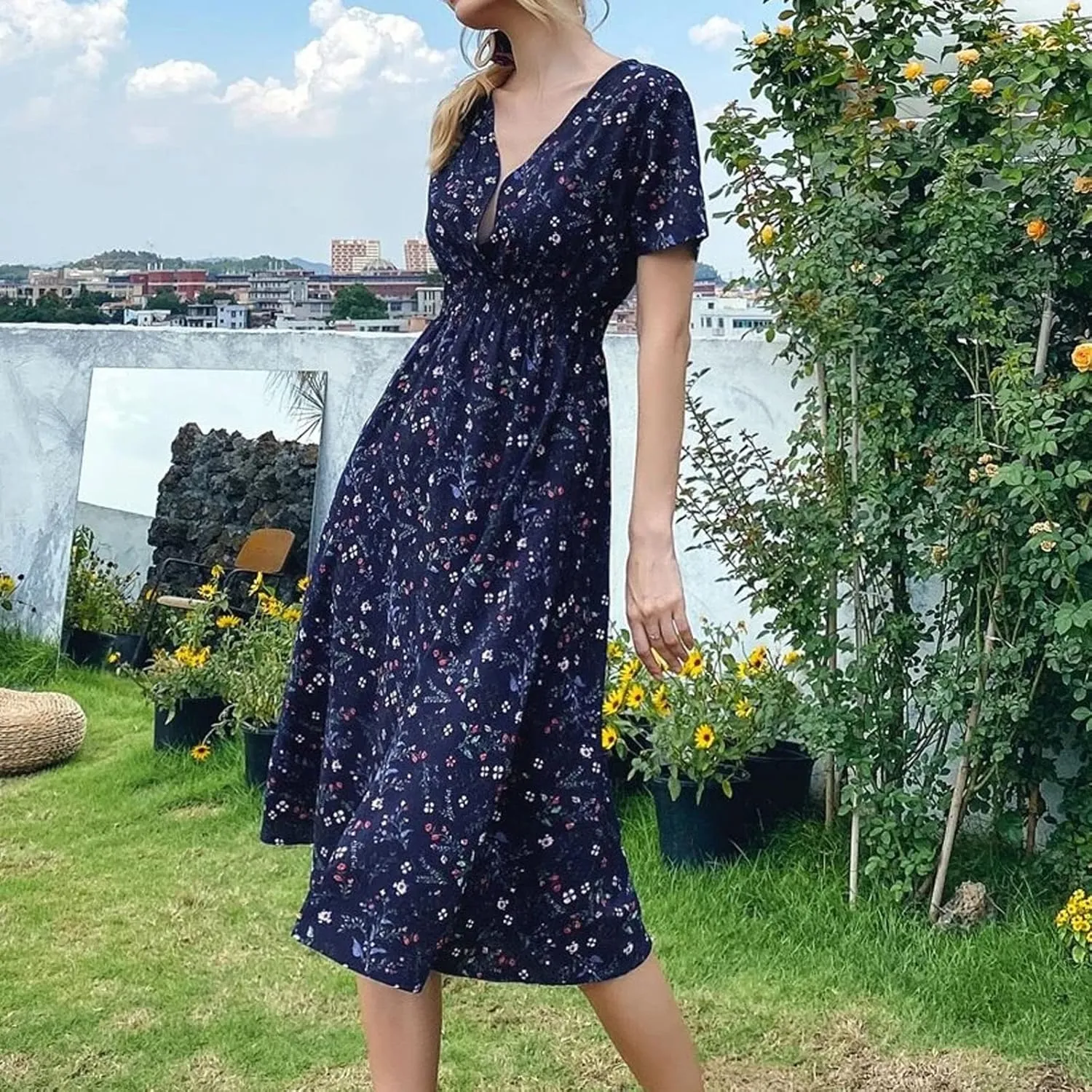 Women's Casual Dresses Fashion V-Neck Boho Printed Short Sleeve Elastic Waist A Line Mini Dress, S-XL