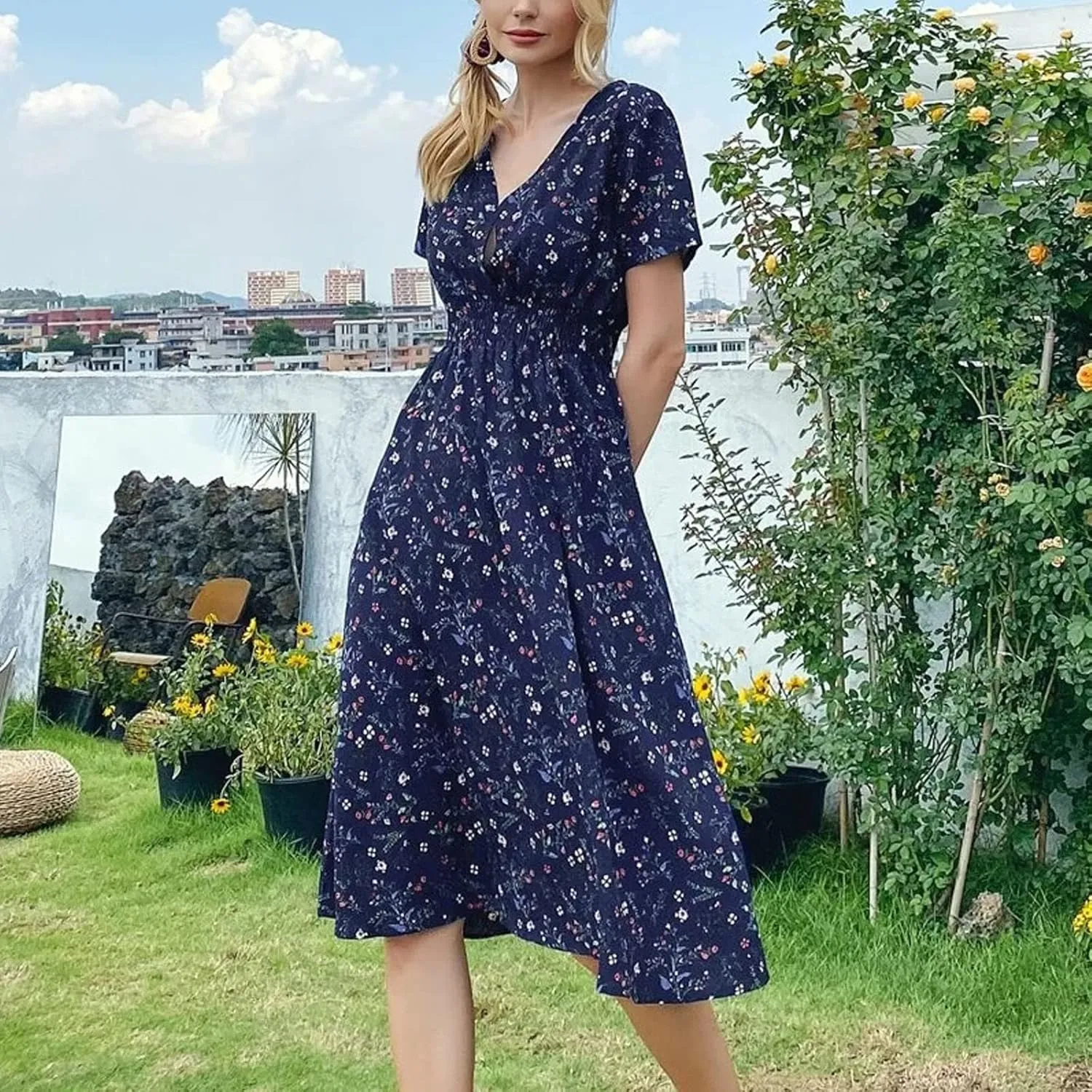 Women's Casual Dresses Fashion V-Neck Boho Printed Short Sleeve Elastic Waist A Line Mini Dress, S-XL