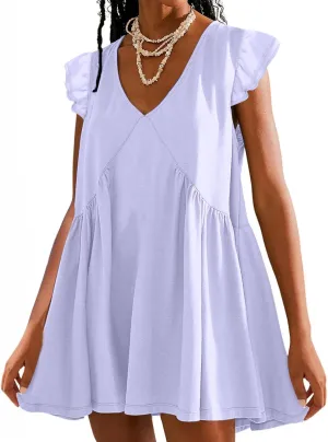 Womens Casual Short Dress Flutter Short Sleeve Ruffle Dresses Trendy Flowy V-Neck Swing Dress A-Line Mini Sundress