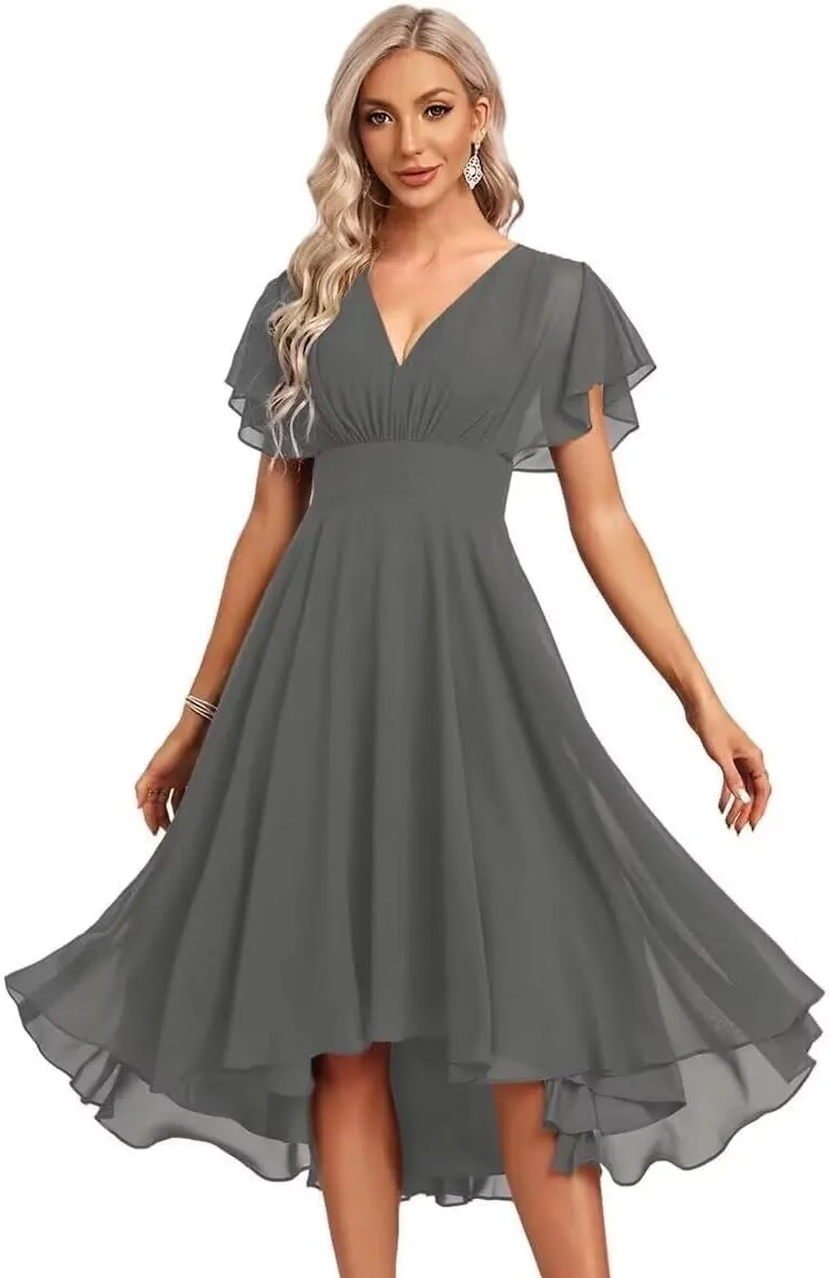Women's Chiffon Bridesmaid Dresses Ruffle Sleeves V Neck Formal Dress Short Bridesmaid Dress