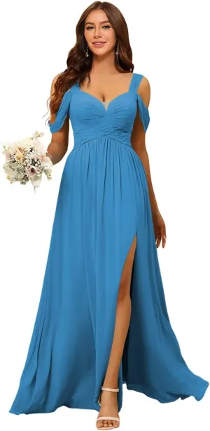 Women's Cold Shoulder Bridesmaid Dresses 2025 with Silt Chiffon Pleated Formal Evening Dress PU140