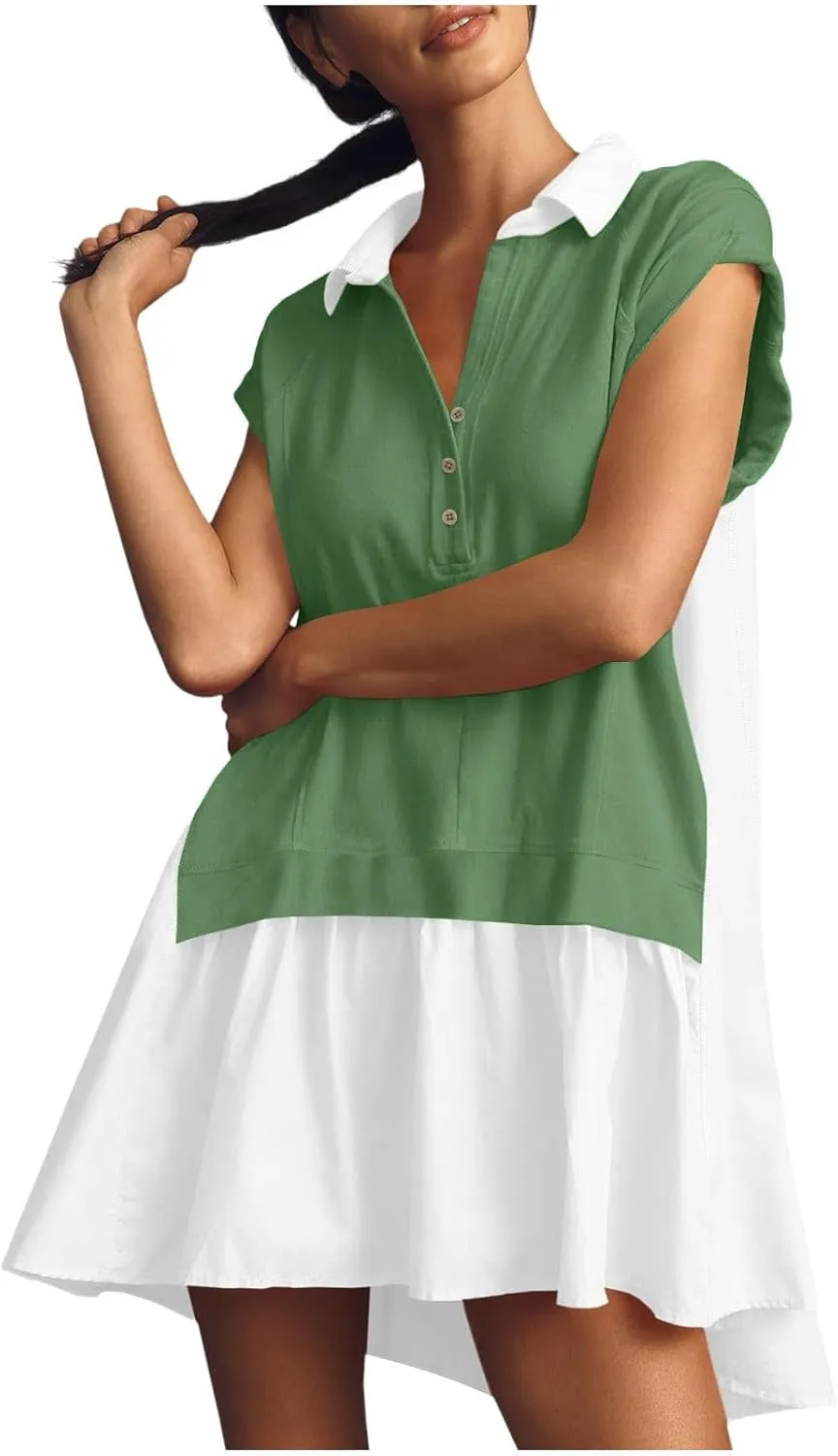 Women's Color Block Dress Button Down Short Sleeve Shirt Dress One Piece Summer Dresses Casual Loose Flowy Swing Dresses