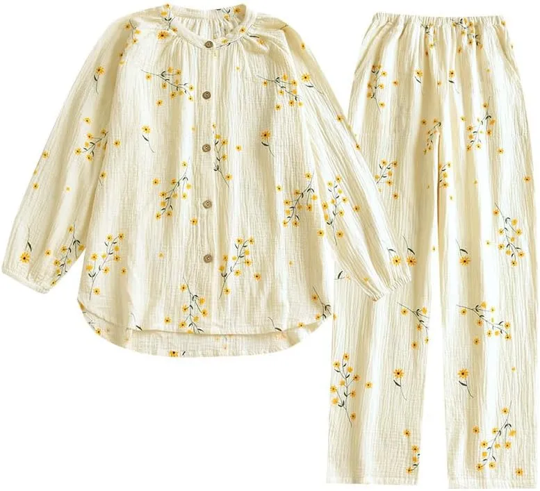 Womens Cotton Gauze Pajama Sets Muslin Pj Set Crew Neck Button Down Sleepwear 2 Piece Lounge Set
