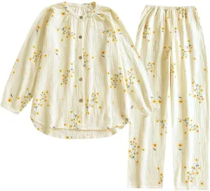Womens Cotton Gauze Pajama Sets Muslin Pj Set Crew Neck Button Down Sleepwear 2 Piece Lounge Set