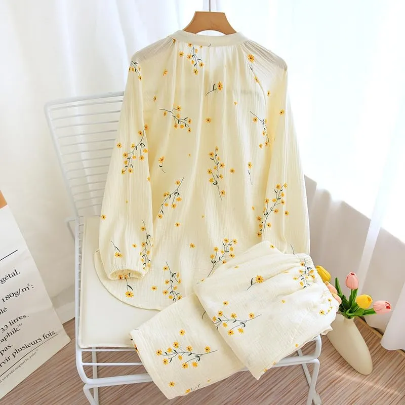 Womens Cotton Gauze Pajama Sets Muslin Pj Set Crew Neck Button Down Sleepwear 2 Piece Lounge Set