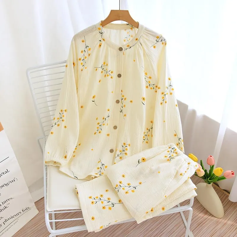 Womens Cotton Gauze Pajama Sets Muslin Pj Set Crew Neck Button Down Sleepwear 2 Piece Lounge Set