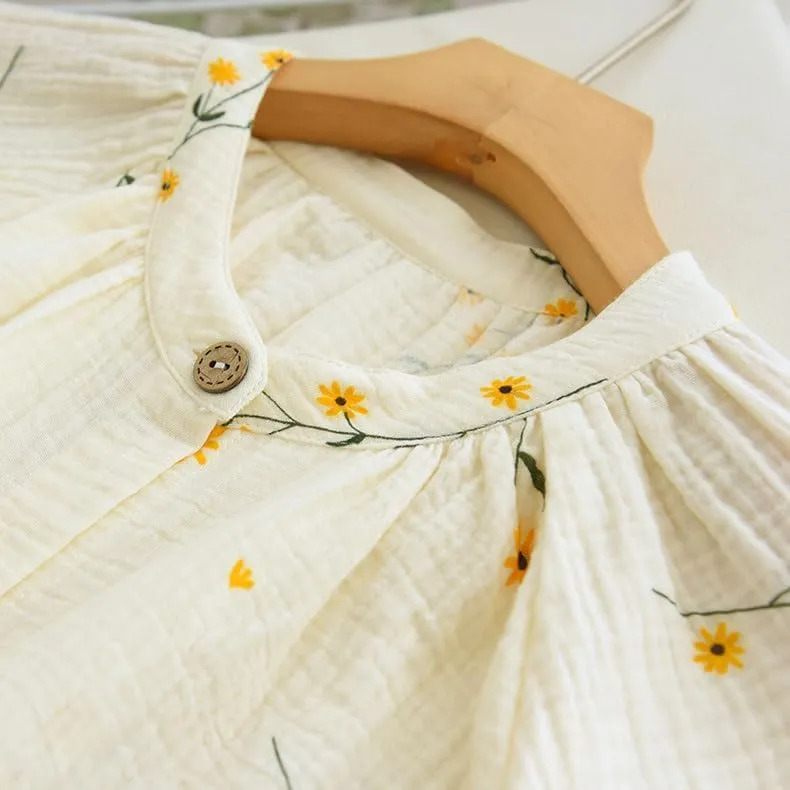 Womens Cotton Gauze Pajama Sets Muslin Pj Set Crew Neck Button Down Sleepwear 2 Piece Lounge Set
