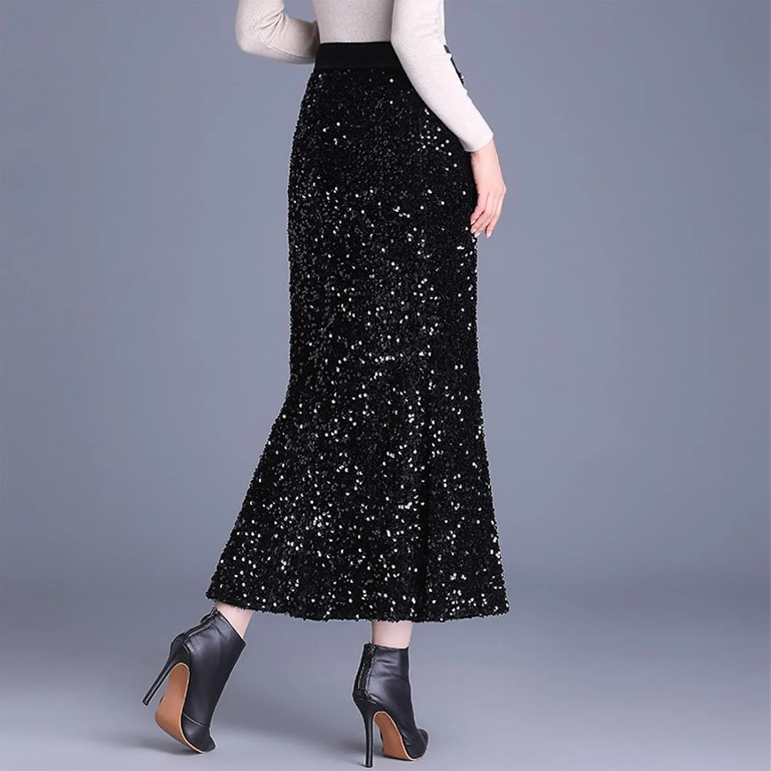 Women's Elegant Sequin Evening Skirt, High Waisted Ruffle Smocked Hem Trendy Clothes Formal Prom Mermaid Midi Skirts
