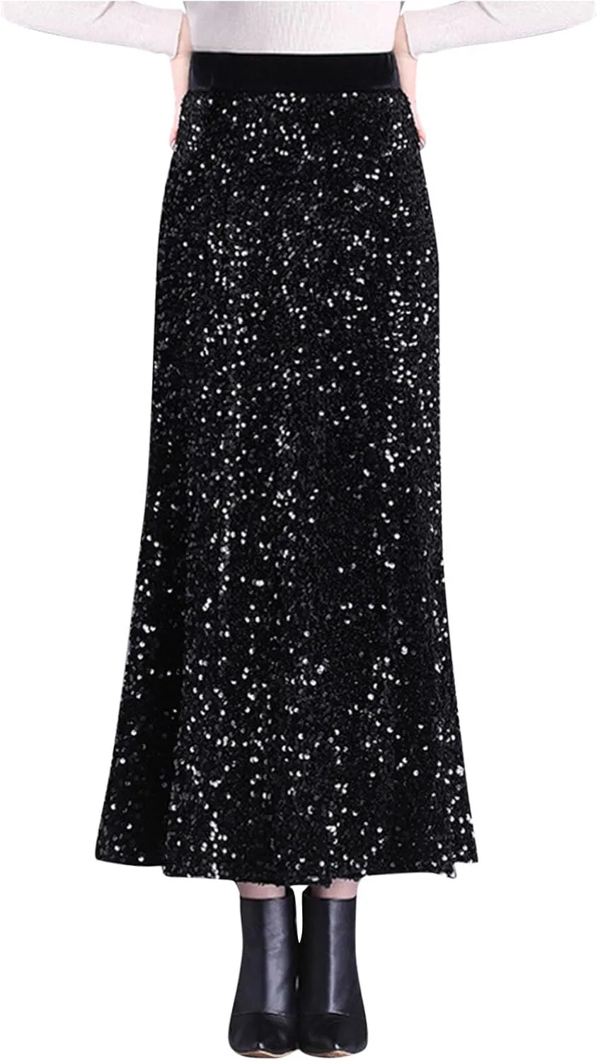 Women's Elegant Sequin Evening Skirt, High Waisted Ruffle Smocked Hem Trendy Clothes Formal Prom Mermaid Midi Skirts