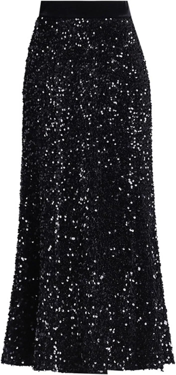 Women's Elegant Sequin Evening Skirt, High Waisted Ruffle Smocked Hem Trendy Clothes Formal Prom Mermaid Midi Skirts