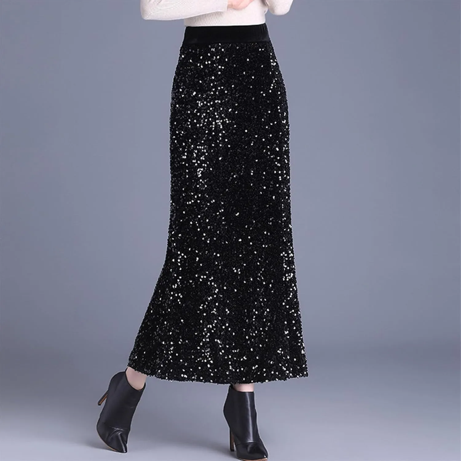 Women's Elegant Sequin Evening Skirt, High Waisted Ruffle Smocked Hem Trendy Clothes Formal Prom Mermaid Midi Skirts