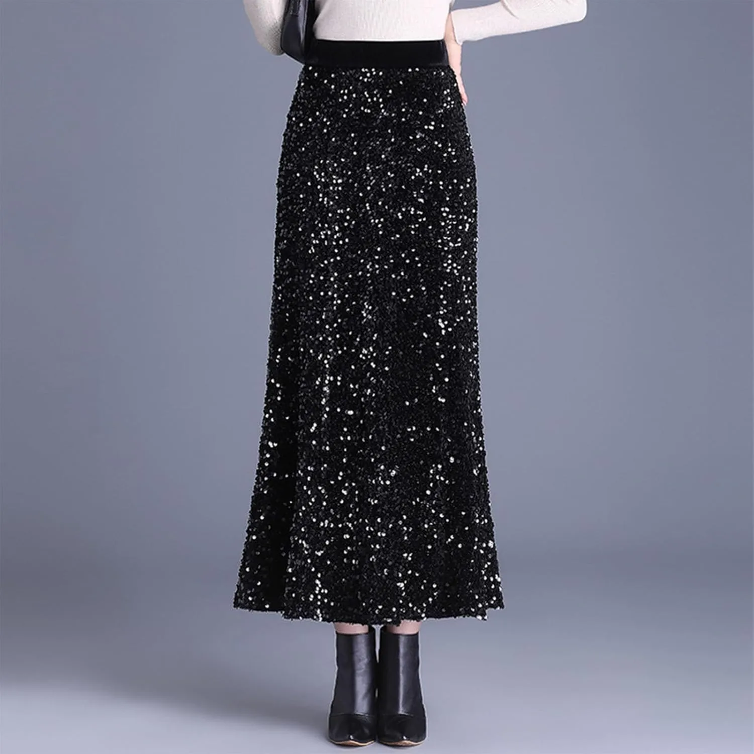 Women's Elegant Sequin Evening Skirt, High Waisted Ruffle Smocked Hem Trendy Clothes Formal Prom Mermaid Midi Skirts