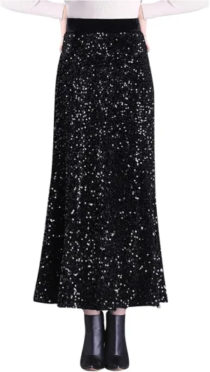Women's Elegant Sequin Evening Skirt, High Waisted Ruffle Smocked Hem Trendy Clothes Formal Prom Mermaid Midi Skirts