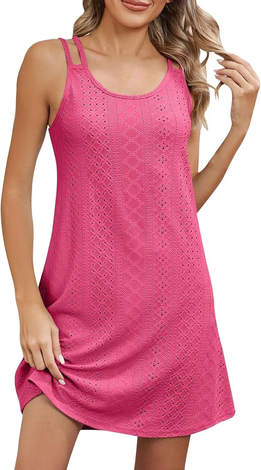 Womens Eyelet Embroidery Cami Dress Summer Sleeveless Casual Mini Dress Sundress Boho Spaghetti Strap Beach Dresses
