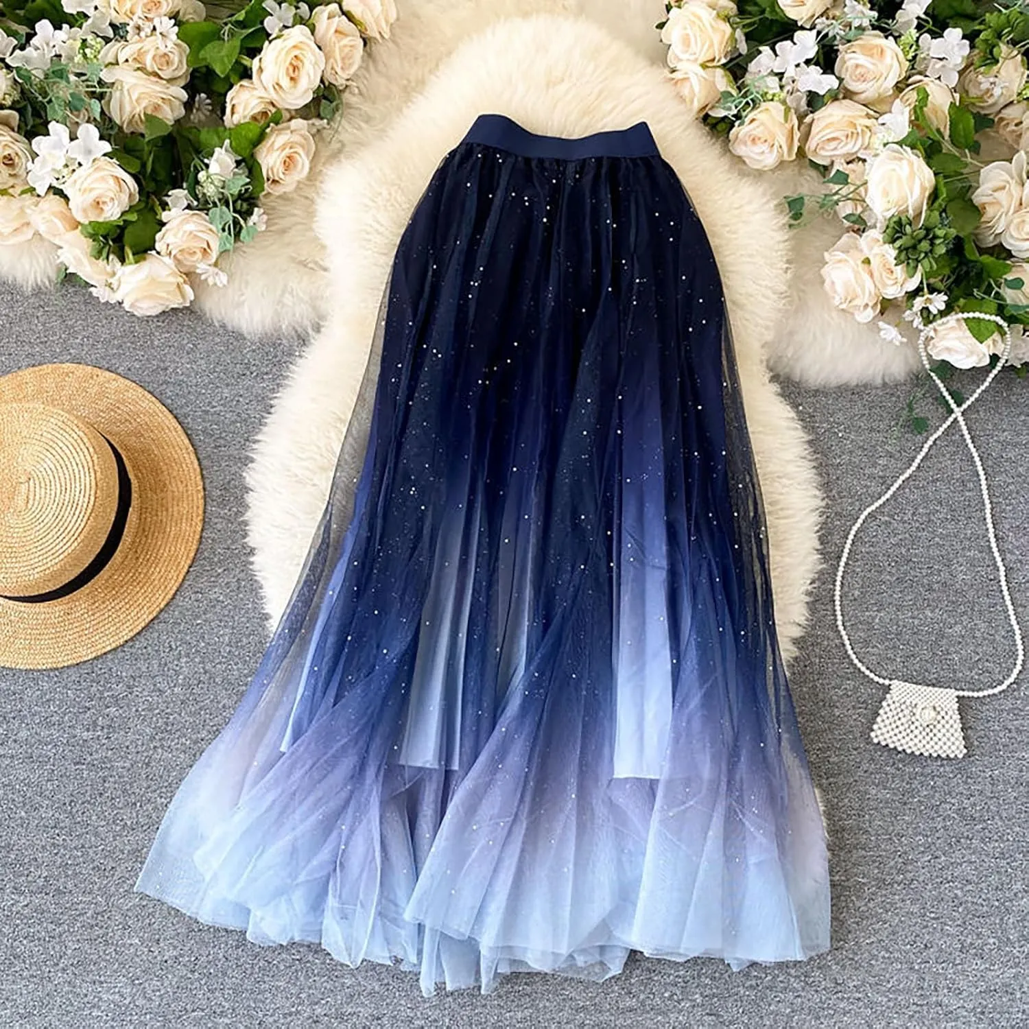 Women's High Waist Tulle Skirt A Line Mesh Midi Skirt Knee Length Pleated Skirt Long Tulle Skirt
