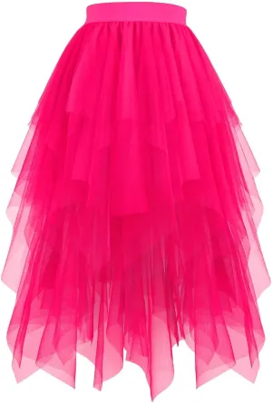 Women's High Waist Tulle Skirts High-Low Layered Puffy Fairy Skirts Flowy Irregular Mesh A-line Midi Tutu Skirt