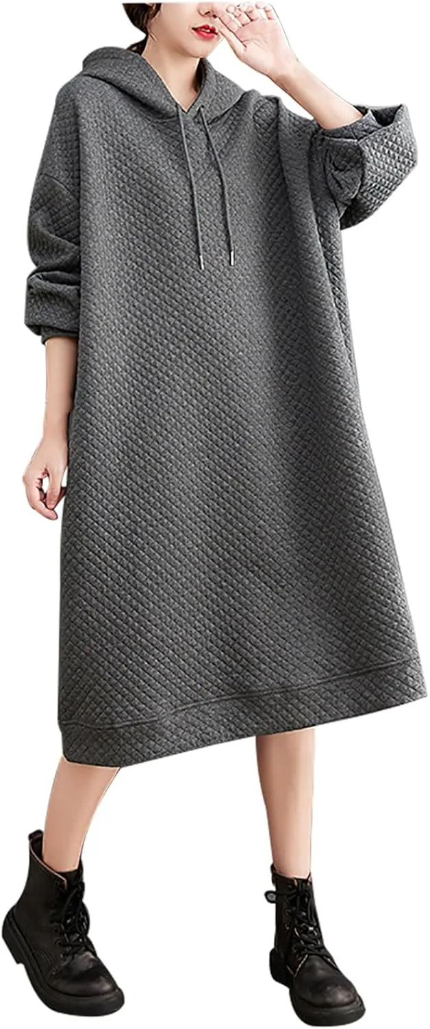 Women's Hooded Sweatshirt Dress Oversized Pullover Dresses Loose Fit Waffle Casual Hoodie Maxi Dress with Pockets