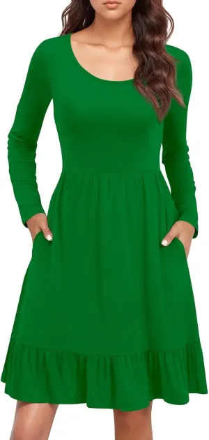 Womens Midi Dresses Trendy Long Sleeve A Line Dress Casual Plus Size Flowy Formal Elegant Floral Knee Length Dress