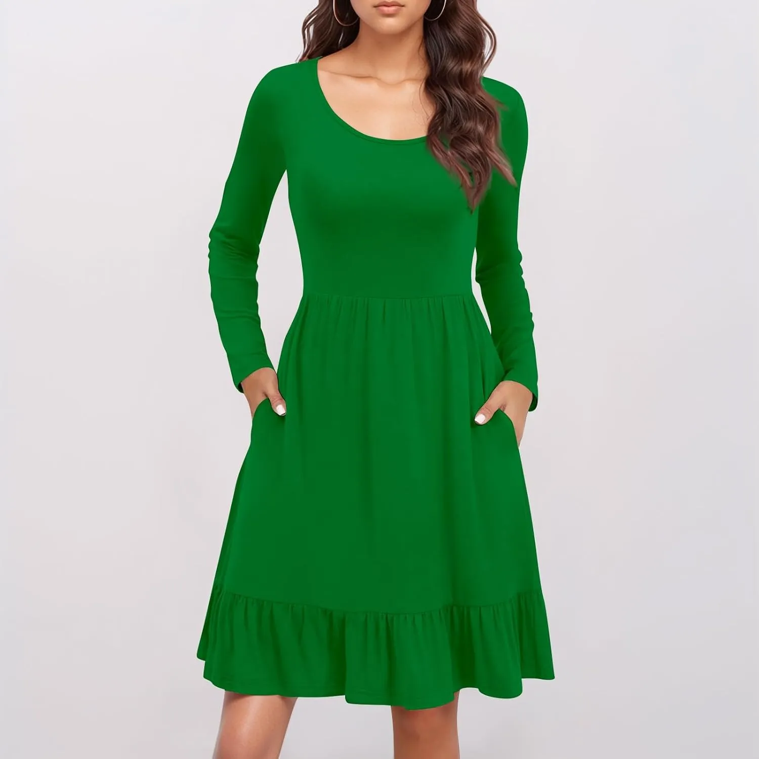 Womens Midi Dresses Trendy Long Sleeve A Line Dress Casual Plus Size Flowy Formal Elegant Floral Knee Length Dress