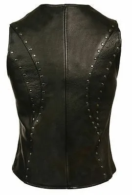 WOMEN'S MOTORCYCLE SEXY RIDING BLACK LEATHER VEST W/ STUDS AND CENTER ZIPPER