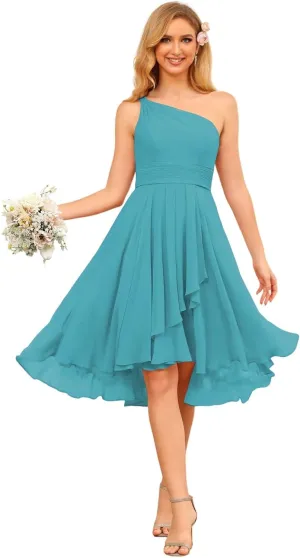 Women's One Shoulder Bridesmaid Dresses for Women Chiffon Formal Evening Dress with Pleates PU128