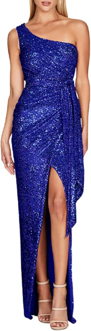 Womens One Shoulder Sequin Prom Dresses High Slit Sparkly Formal Long Bodycon Dress Evening Ball Gown