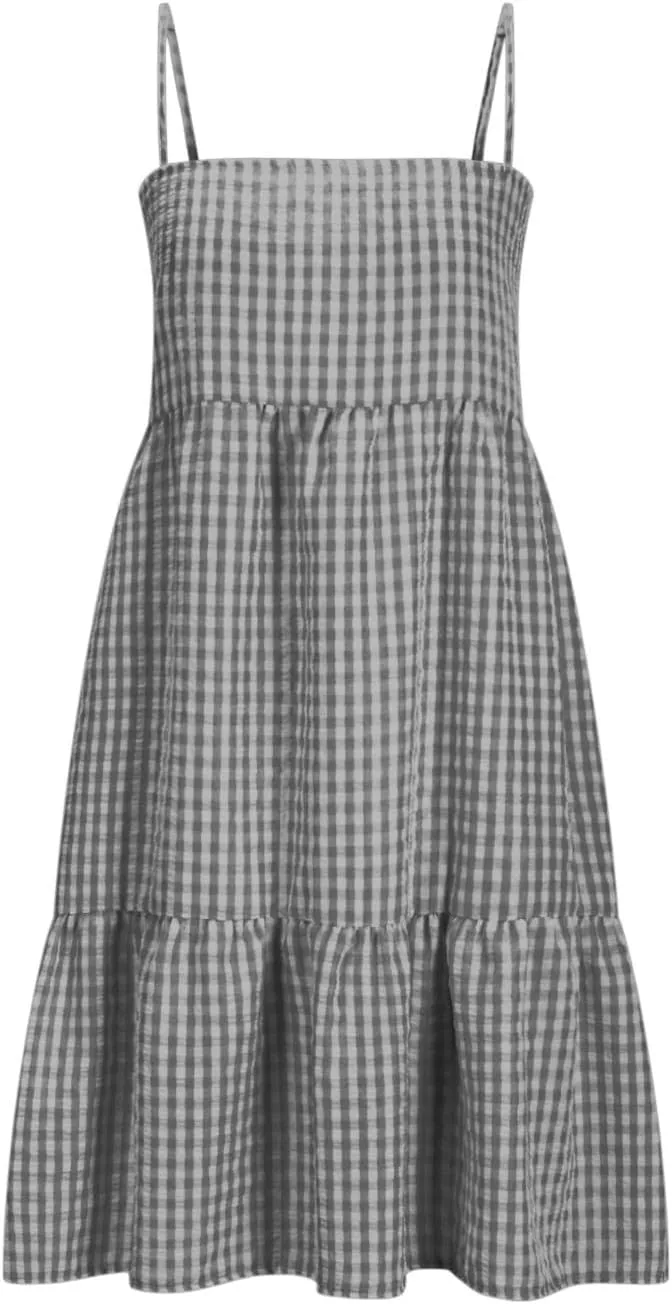 Womens Plaid A-Line Dresses Adjustable Shoulder Straps Ruffle Hem Casual Mini Dress Beach Sundress with Side Pockets