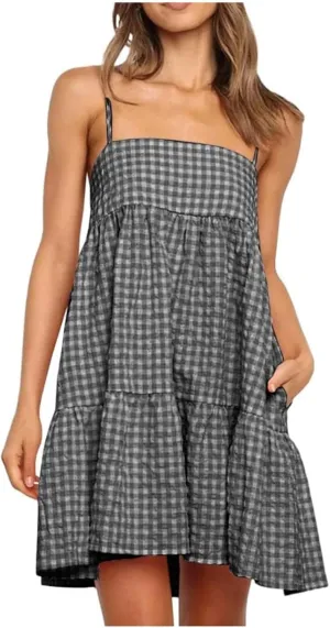Womens Plaid A-Line Dresses Adjustable Shoulder Straps Ruffle Hem Casual Mini Dress Beach Sundress with Side Pockets
