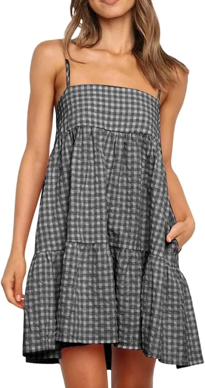 Womens Plaid A-Line Dresses Adjustable Shoulder Straps Ruffle Hem Casual Mini Dress Beach Sundress with Side Pockets
