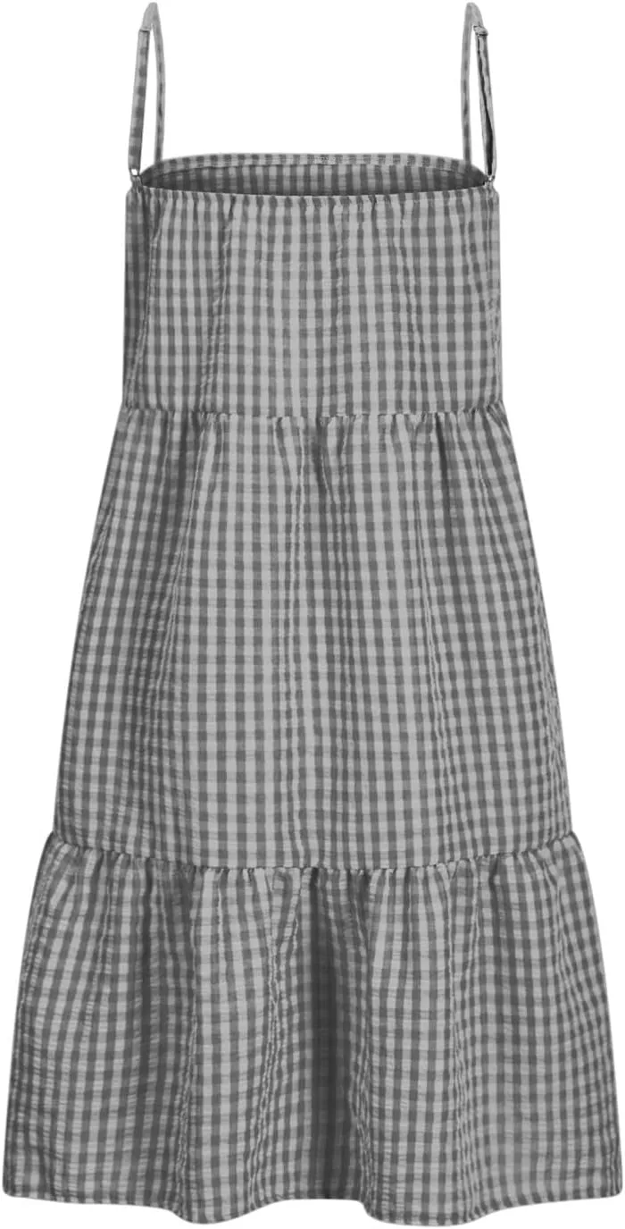 Womens Plaid A-Line Dresses Adjustable Shoulder Straps Ruffle Hem Casual Mini Dress Beach Sundress with Side Pockets