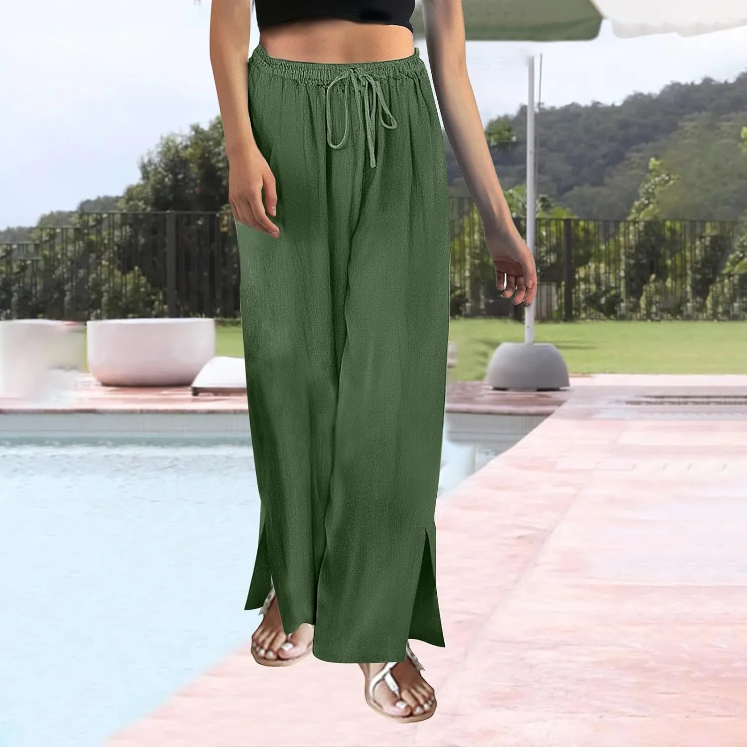 Womens Plaid Pants Casual Drawstring Pants Casua Lightweight Loose Trousers Linen Capris for Women Lightweight