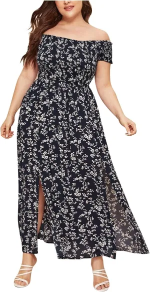 Women's Plus Size Maxi Long Dress Sexy Off Shoulder Sundress Bohemian Style Floral Print Slit Dress Vestidos