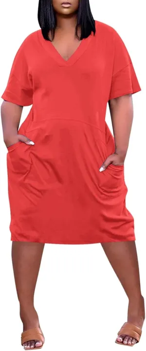 Women's Plus Size Tshirt Dress Short Sleeve Knee Length Soild Color Tshirt Dresses with Pockets, L-5XL