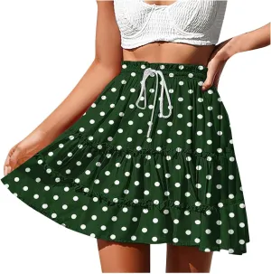 Women's Polka Dot Beach Short Skirts Summer Boho Floral Maxi Skirts Elastic Waist Flowy Swing Pleated Long Skirt