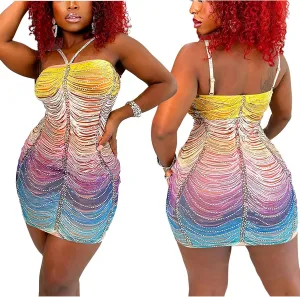 Women's Rhinestone Halter Backless Mini Dress Sexy Bodycon Mesh Colorful Dresses